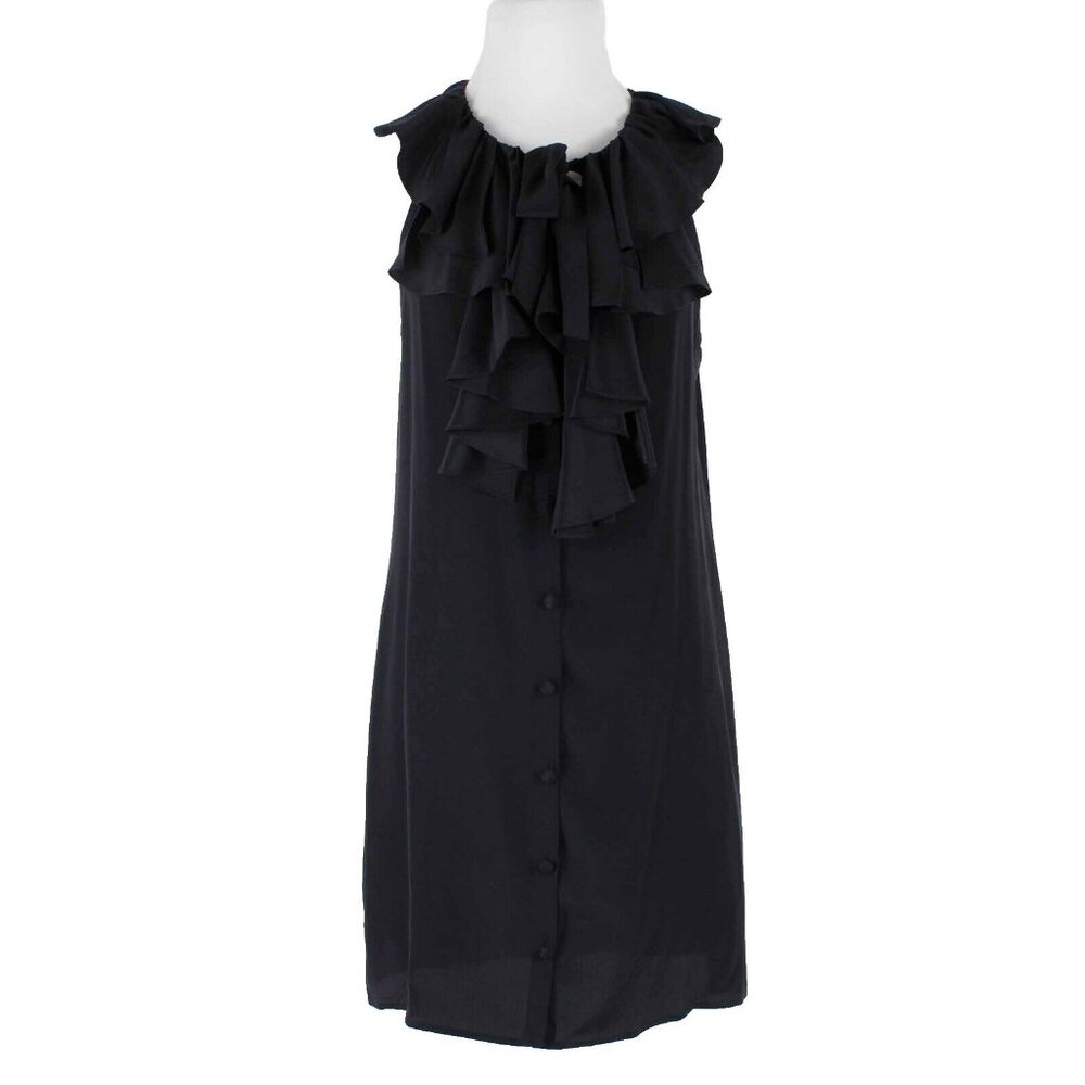 Fifteen Twenty Sz L Black Ruffle Neck Button Front 100% Silk Dress